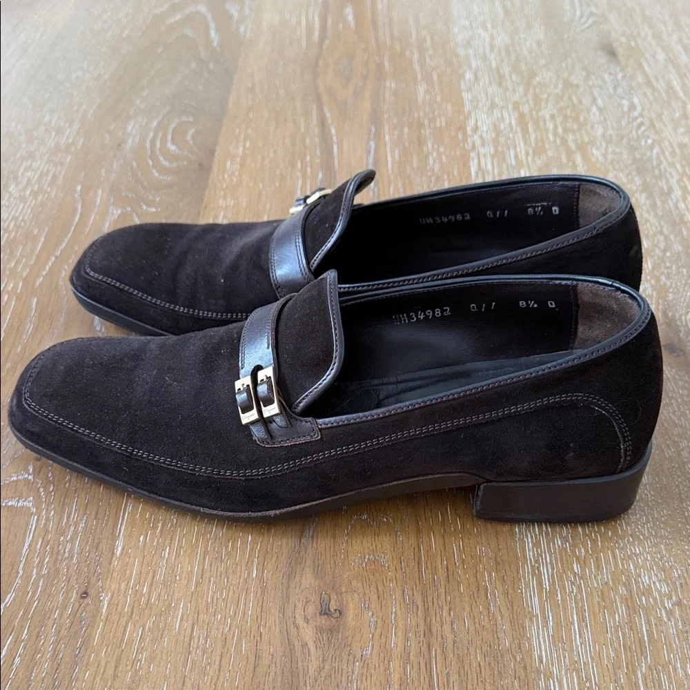 Ferragamo Men's Brown Suede Slip-On Loafers with Gold Buckle